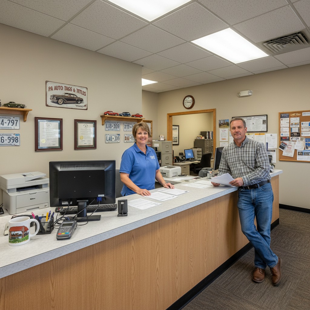 A man and woman stand behind the front counter of an office decorated with license plates and automotive signs.
